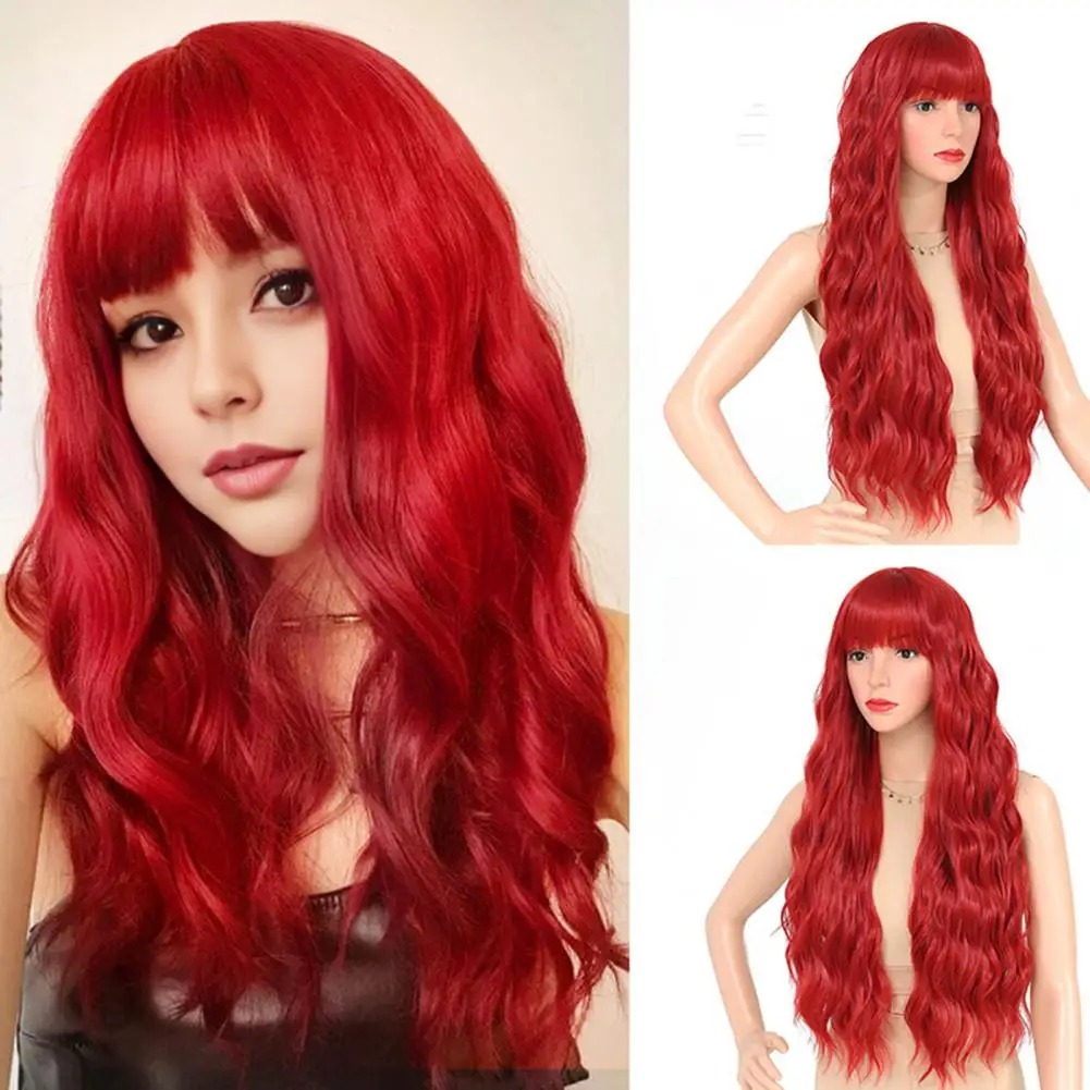 Women Red Long Curly Wig With Bangs Natural Silky Heat Resistant High Temperature Fiber Ladies Solid Color Wavy Synthetic Hair