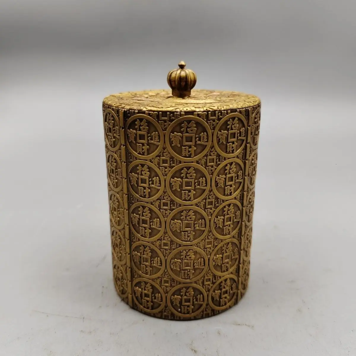 Folk Collectible Brass Tea Caddy Engraved with Ancient Coins, Wealth & Treasure Airtight Storage Jar with Lid