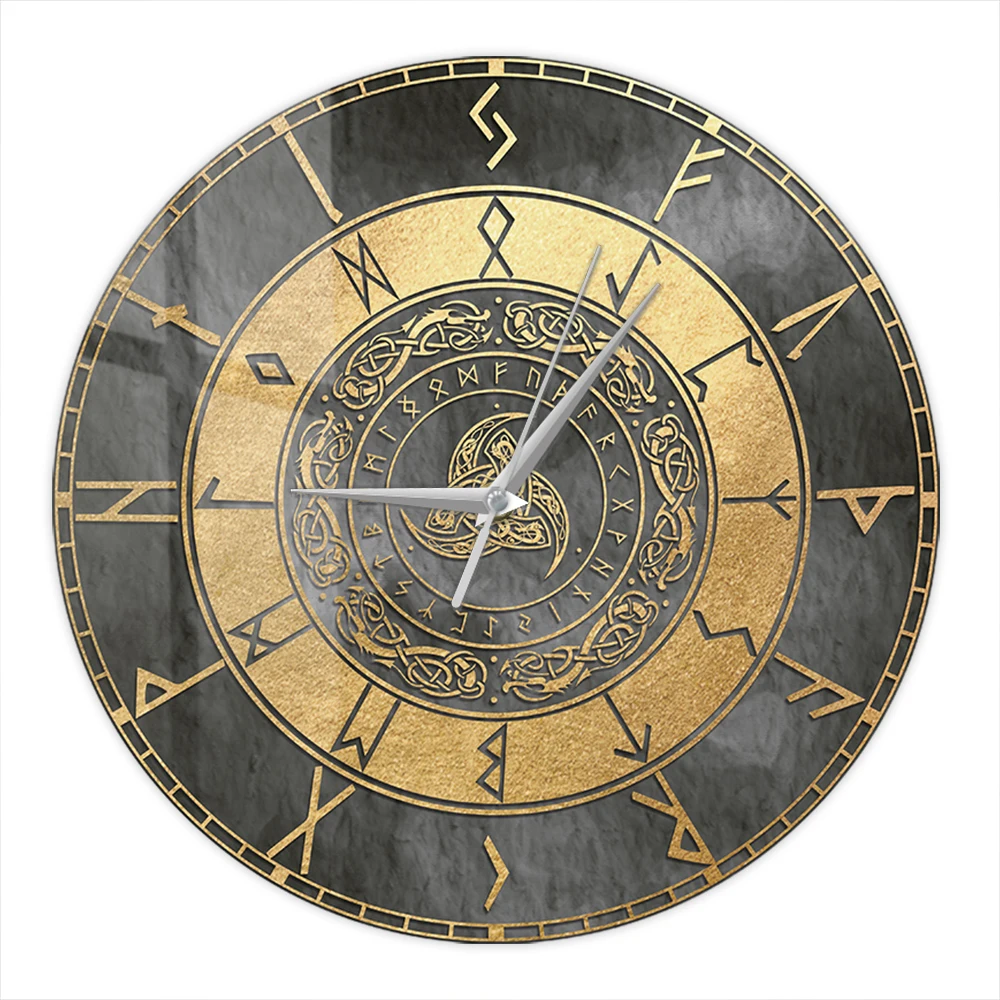 Triple Horn of Odin Art Print Wall Clock Norse Mythology Viking Runes Scandinavic Retro Wall Watch For Home Living Room Decor