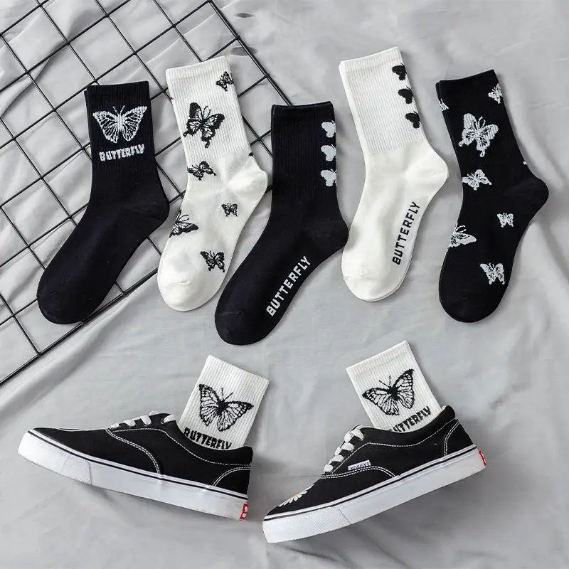 

Women's Spring/Autumn Korean-Style Mid-Calf Socks Instagram-Trending Long Socks Odour-Resistant Women's Cartoon Black Socks Whit