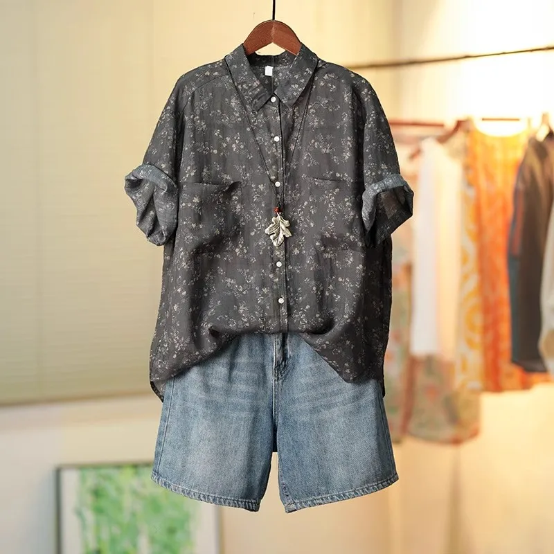 

Женские блузки с принтом в китайском стиле, летняя хлопковая винтажная одежда, распродажа, Свободные корейские женские рубашки с коротким рукавом