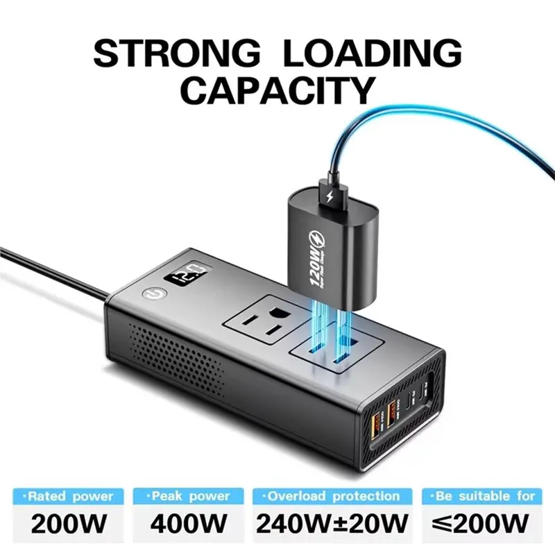 Portable Car Inverter Adapter Convert 200W 4 USB Port 2 Sockets Digital Display PD Fast Charging For Travel US Plug Conversion