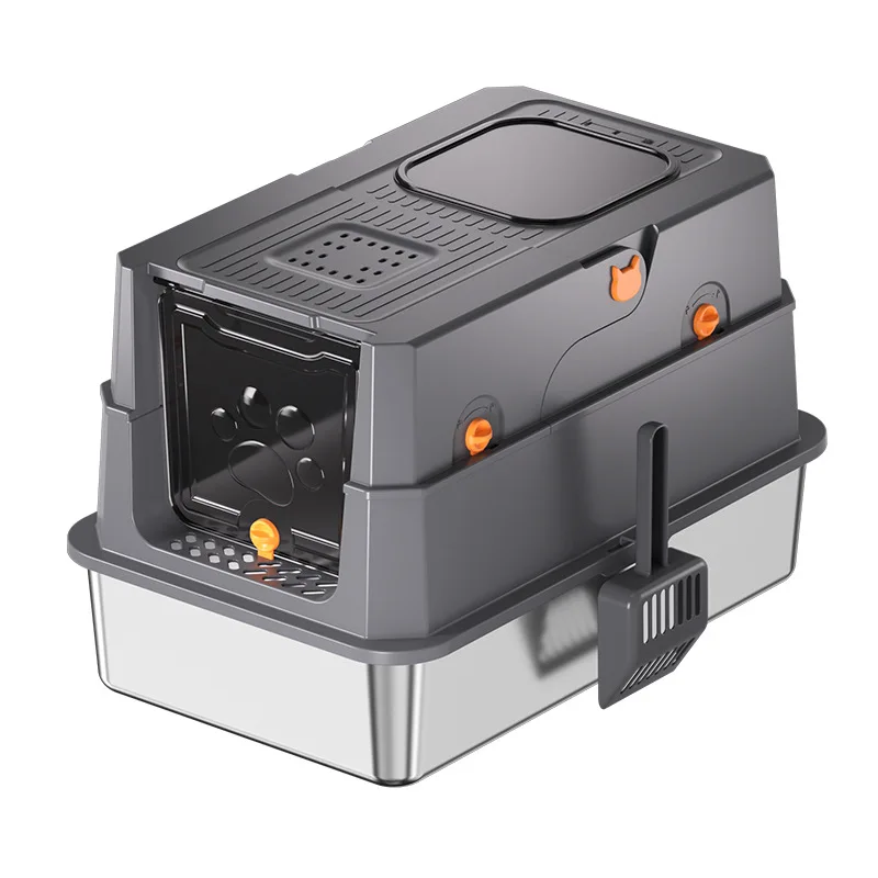 Caja de arena extra grande para gatos de acero inoxidable con tapa - imagen 2