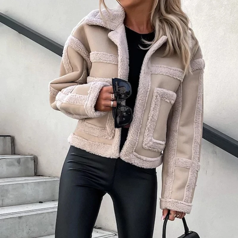 Women Elegant Leather Stitching Cardigans Fall Casual Long Sleeve Slim Short Jacket Winter Fashion Warm Solid Coat Top