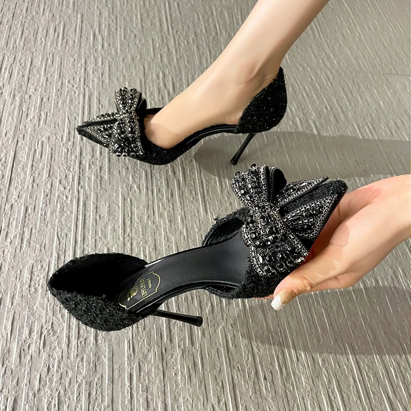 Brand Designer High Heels Pumps Woman Thin Heeled Party Shoes Luxury Pearl Crystal Bowtie White Wedding Shoes Women 2023 Autumn