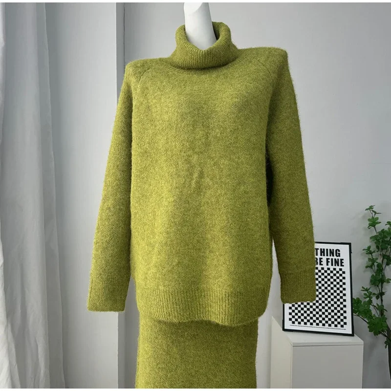 Damenrock 2-teiliges Set, gestrickter Rollkragenpullover mit langen Ärmeln, gerade lange Röcke, schicke einfarbige Outfits für Frühling und Herbst. – Detail 2