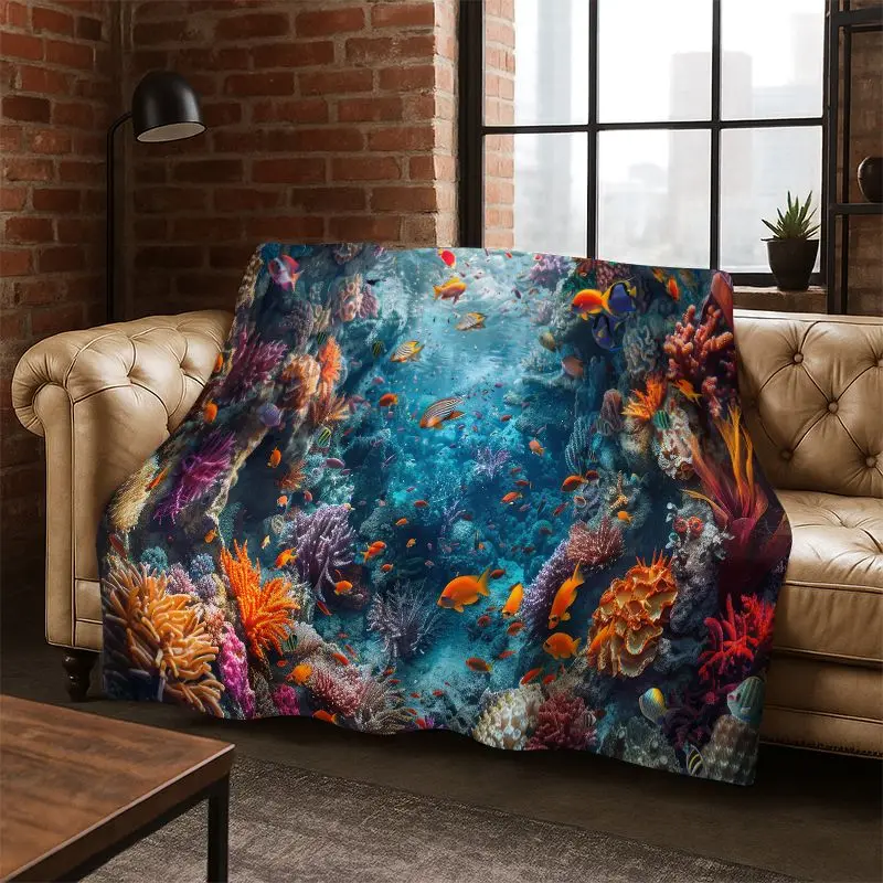 Underwater Sea World Marine Life Cartoon  Flannel Blanket Soft Throw Blanket for Bedroom Living Room Bed Travel Camping Picnic