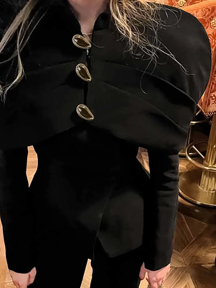 

Light Luxury Puff Sleeve Design Style Coat Fashion Pure Color Slim Women's Jacket Temperament Lady Stand Collar Button Outerwear