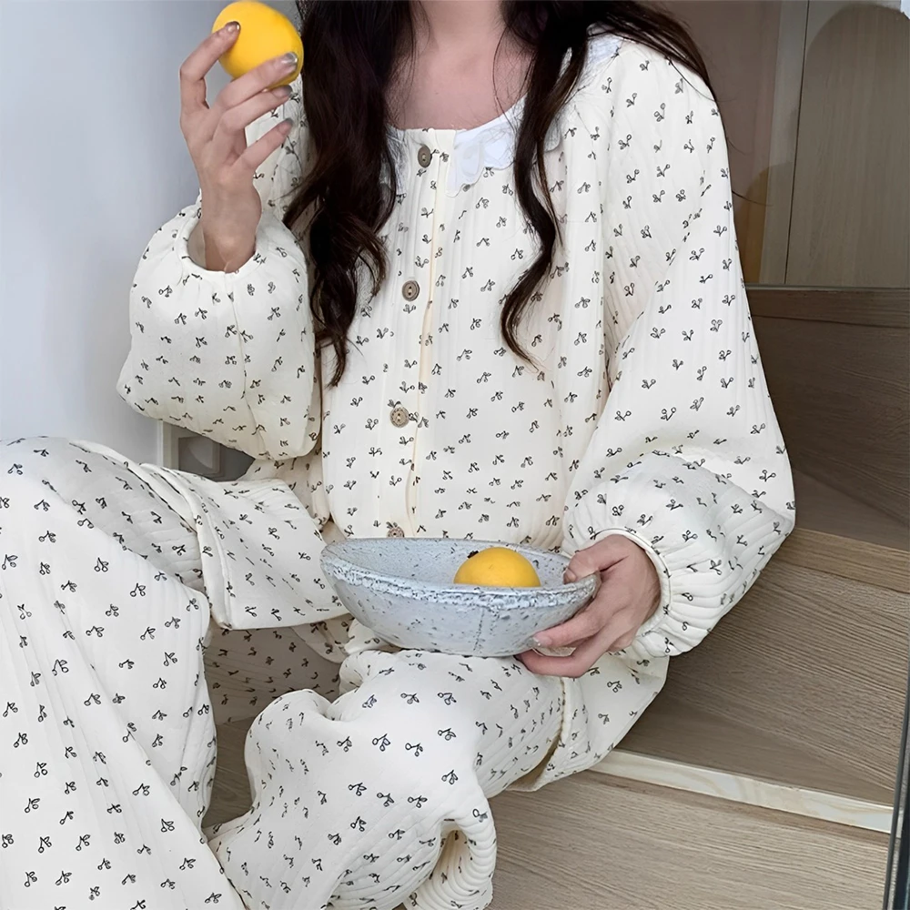 Autumn and Winter Thickened Pajamas Women Girls Sweet Lace Floral Air Cotton Warm Interlayer Sleepwear Homewear Set