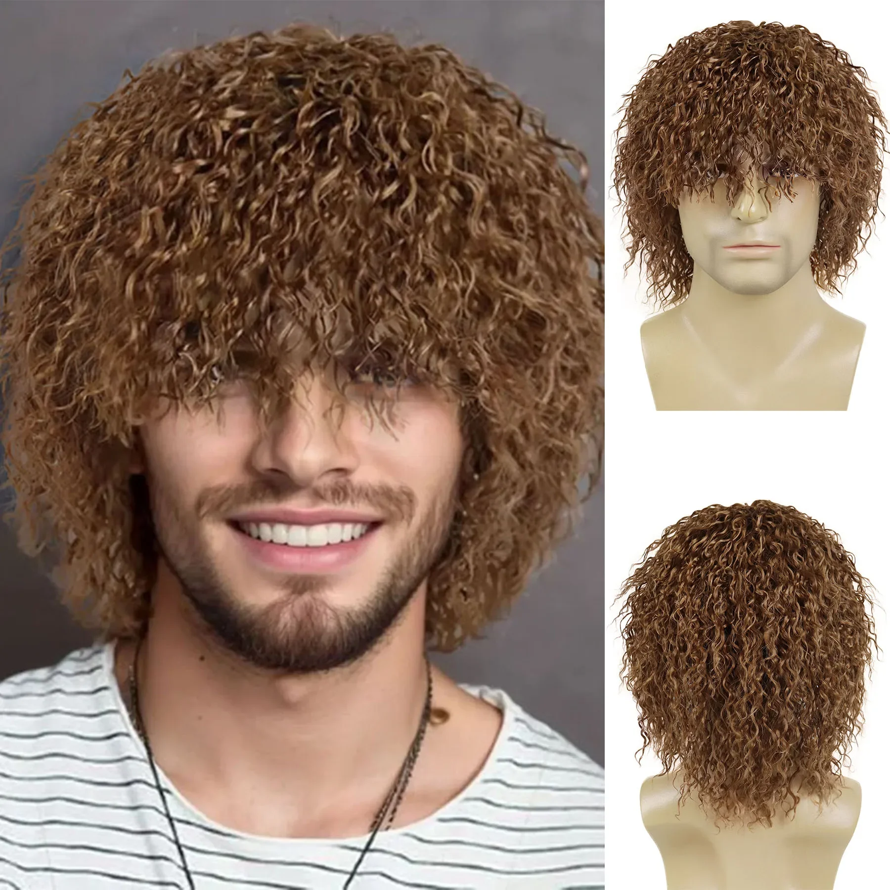 

Парики Jerry Curls для мужчин Синтетический короткий светлый вьющийся парик Мужской крутой парик для химической завивки 70-х годов Рокерский костюм на Хэллоуин Косплей Ежедневный парик