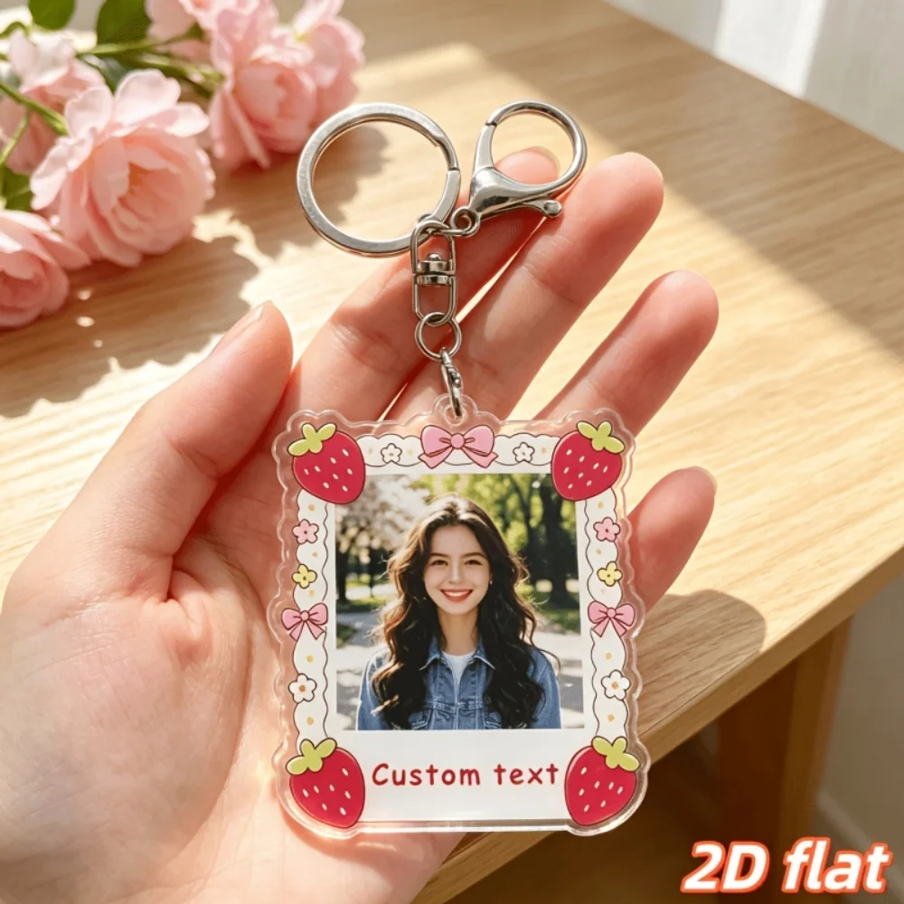 1Pc Sweet Strawberry Bow Photo Frame Custom Photo Text Acrylic Keychain, Used for Key or Zipper Bag, Festival Gift
