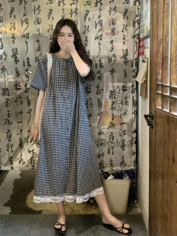 

plus Size Lace Patchwork Plaid Short Sleeve Dress Women's Loose Summer Shirt Long Dress Korean Style High Waist Cotton Gown