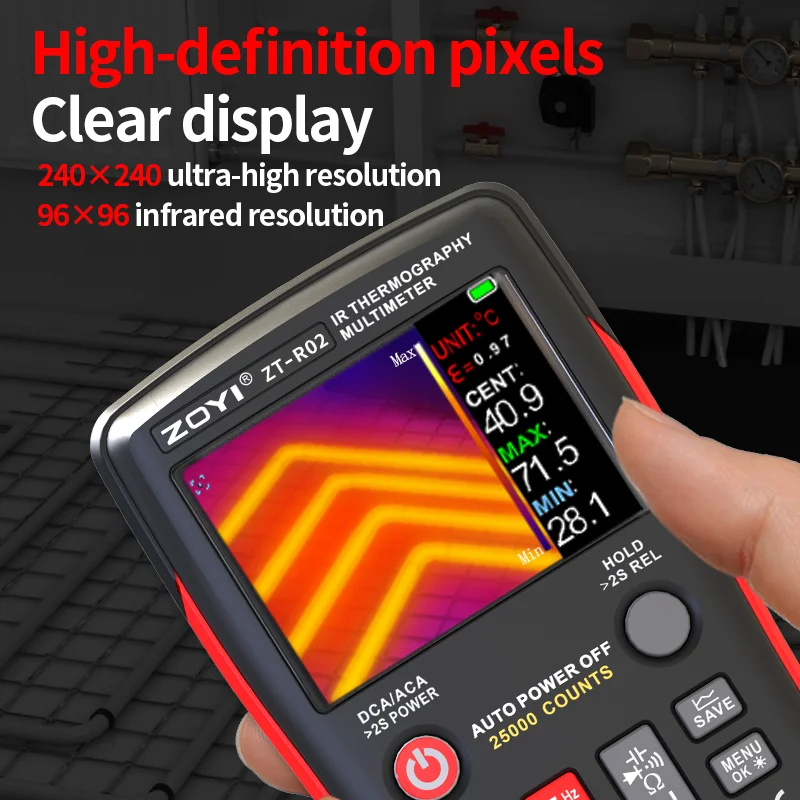 Multímetro térmico integrado ZOYI R02: resolución IR 240x240, alta precisión, para diagnóstico de calefacción por suelo radiante y HVAC