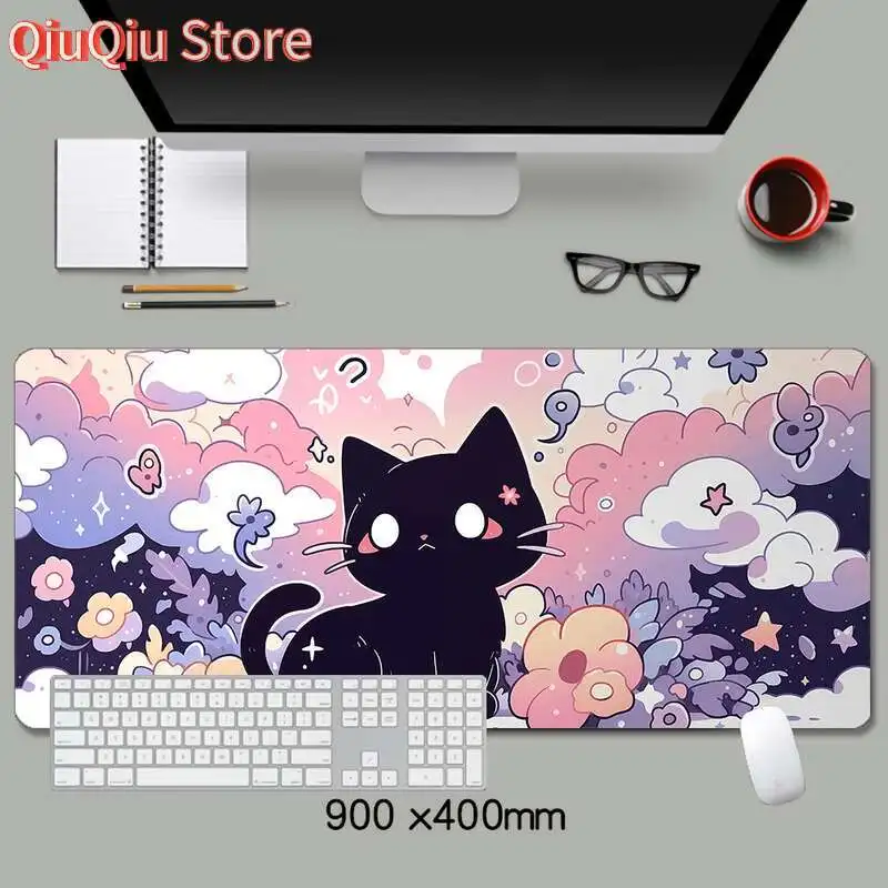حصيرة مكتب لطيفة على شكل قطة سوداء، لوحة ماوس مضادة للانزلاق على شكل قطة كرتونية، لوحة ماوس ممتدة، لوحة ماوس كبيرة للألعاب بحافة مخيطة، وسادة مكتب #6