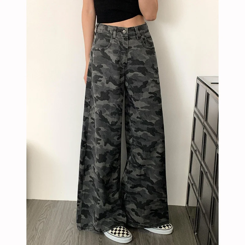 

Female Retro Camouflage High Waist Jeans Women Straight Leg Casual Denim Trousers Girls Loose Fit Thin Cargo Pants