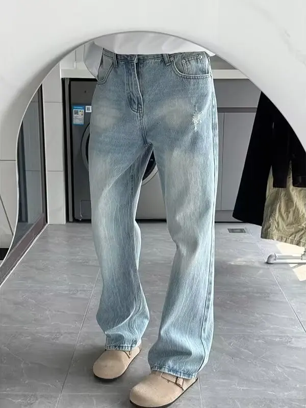 

Светло-голубые мужские джинсы с узором молнии, прямые, свободные, широкие, длинные брюки, весна-осень, в американском стиле High Street Vibe