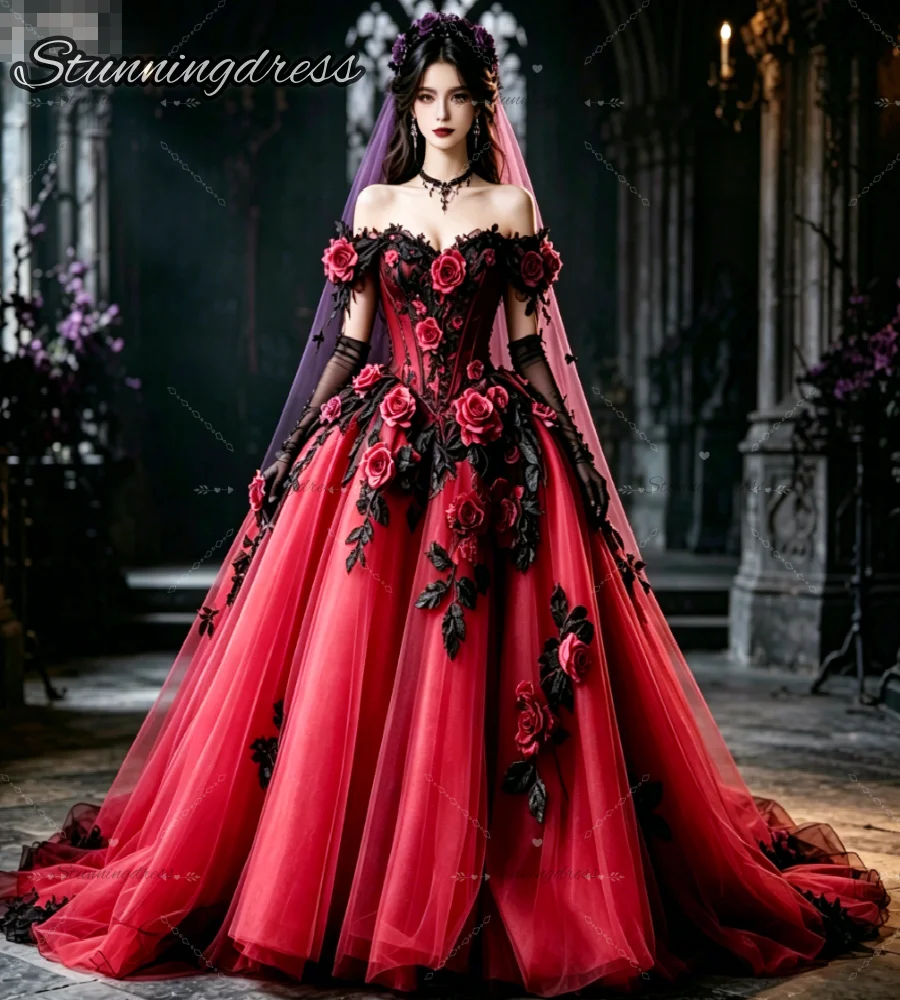 Vampire Queen Red Black Floral Wedding Dress Gothic Victorian Off Shoulder 3D Rose Bridal Gowns Enchanted Forest whimsigoth