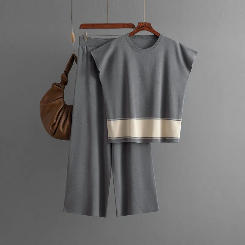 レディースニット2点セットトップスワイドレッグパンツスーツTシャツパッチワークラウンドカラーニット outfits オフィスレディサマー2025