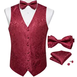 Wedding Classic Red Paisley Dress Vest for Man Fashion V-neck Luxury Men's Business Waistcoat Bowtie Pocket Square Cufflinks Set