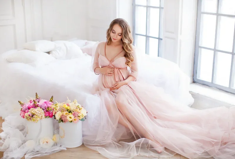 Tulle Maternity Gown Long Dress with Drawstring Floor Mop Dress Maternity Dresses for Photo Shoot Mesh Pregnant Woman Photo