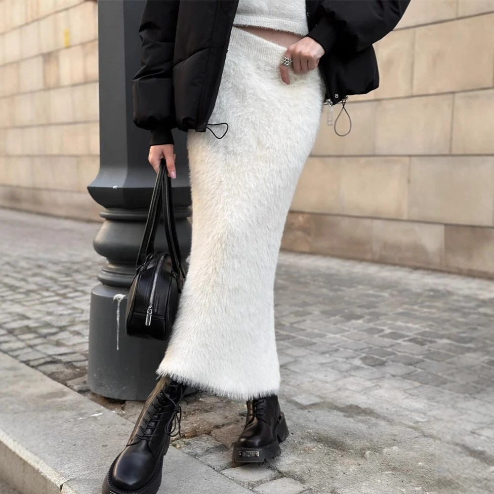 Women Knit Maxi Skirt White Elegant High Waist Slim Long Fur Feather Commute Autumn Female Knitwear Solid Color Skirts 2025