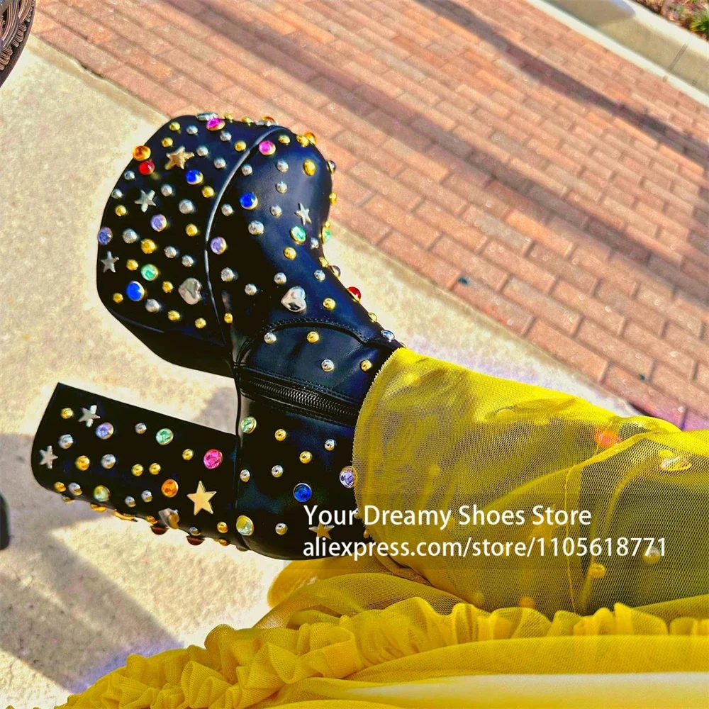 High Thick Platform Sole Ankle Boots Square Block Chunky High Heel Colorful Rhinestone Star Heart Gem Ornaments Platform Boots