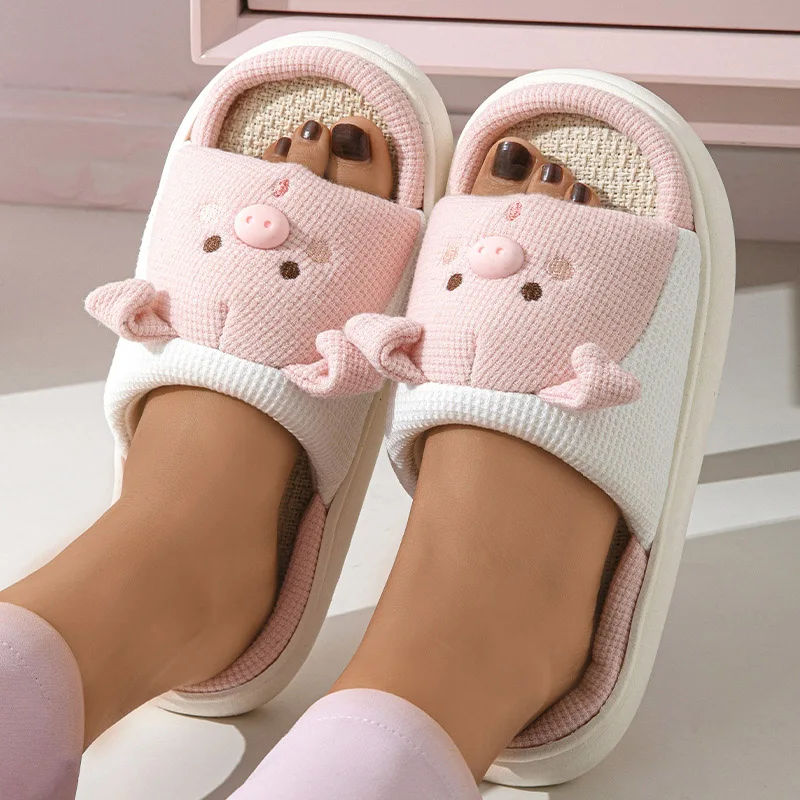 Cute Animal Cartoon Linen Slippers Four Seasons Home Thick-soled Sweat-absorbent Slippers Non-slip Couples\'s Cotton Slides