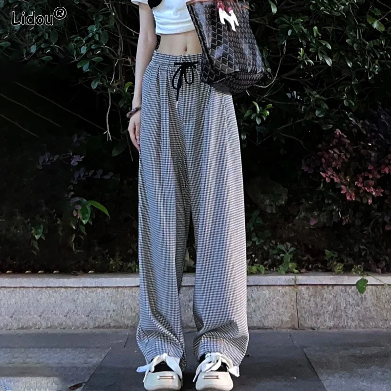 Pockets Lacing Elastic Waist Fashion Casual Plaid Handsome Loose-fitting 2023 Women\'s Clothing Spring Summer Thin Wide Leg Pants