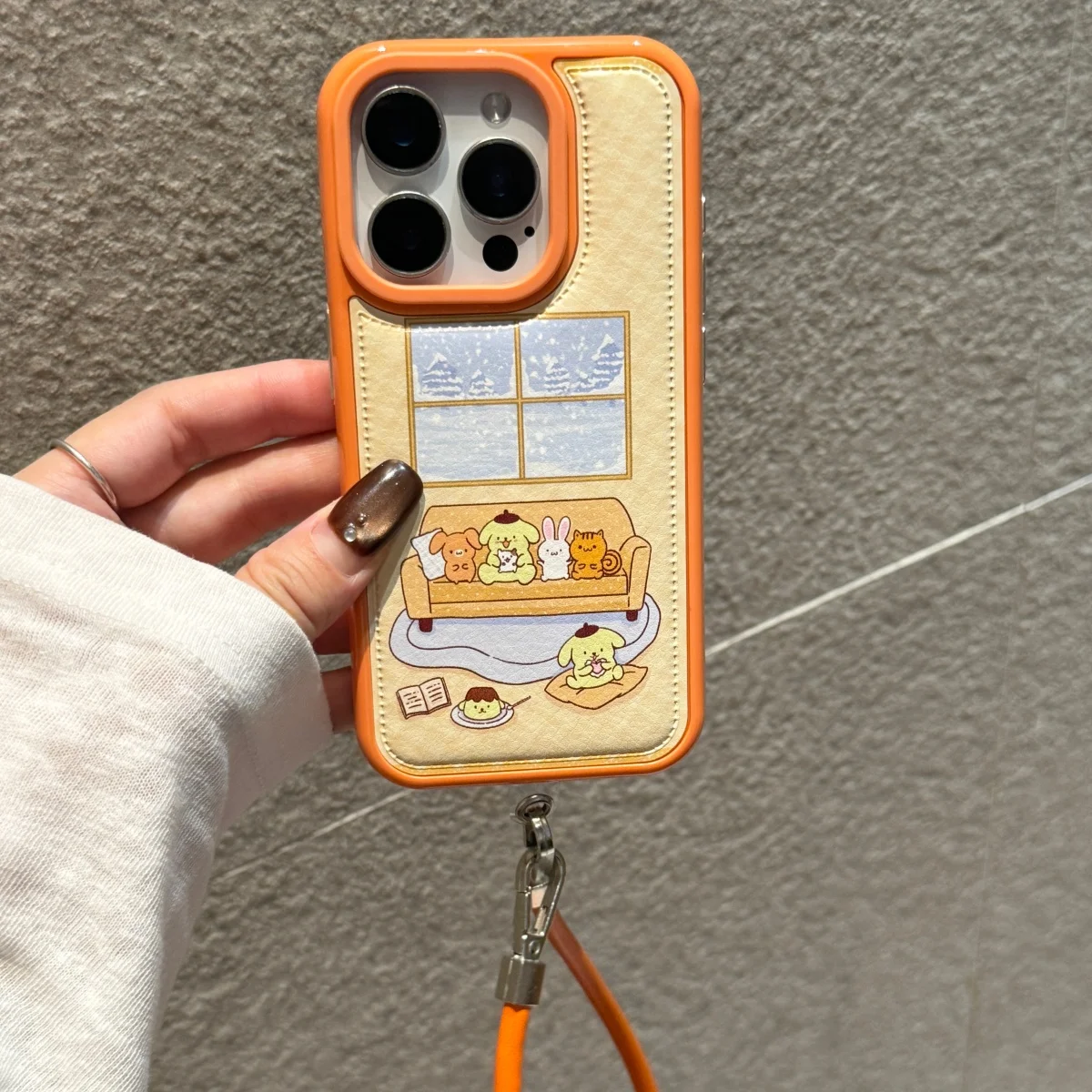 الجلود منقوشة البرتقال بودنغ الكلب مناسبة لحالة هاتف أبل 17 برو ماكس 16 15 14 برو ماكس جراب هاتف مع حبل معلق