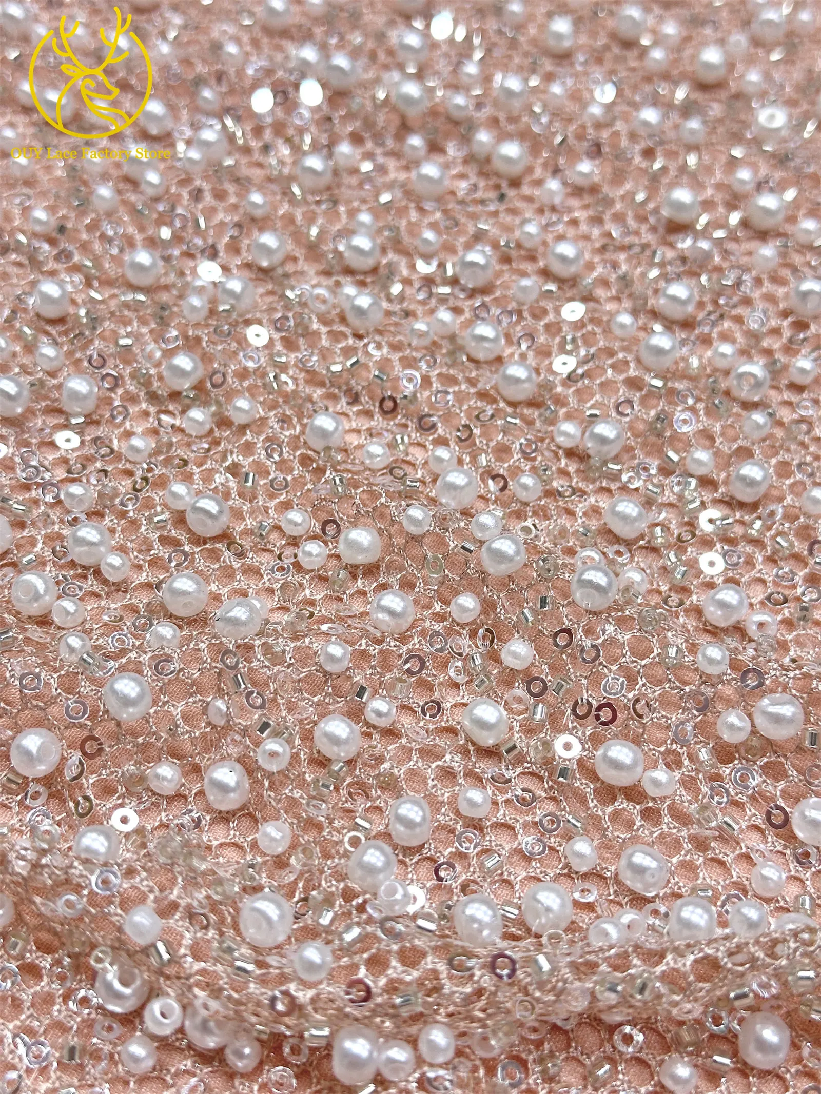 Neuer Stil Afrikanischer Perlen-Spitzenstoff Hochwertiger nigerianischer Perlen-Pailletten-Spitzenstoff Luxuriöser französischer Netzstoff zum Nähen von Hochzeitskleidern – Detail 8