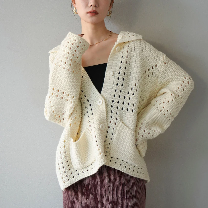 

Свободный открытый кардиган, свитер, полый вязаный светло-бежевый женский повседневный свитер из полиэфирного волокна, чистый цвет, подходит для бизнеса
