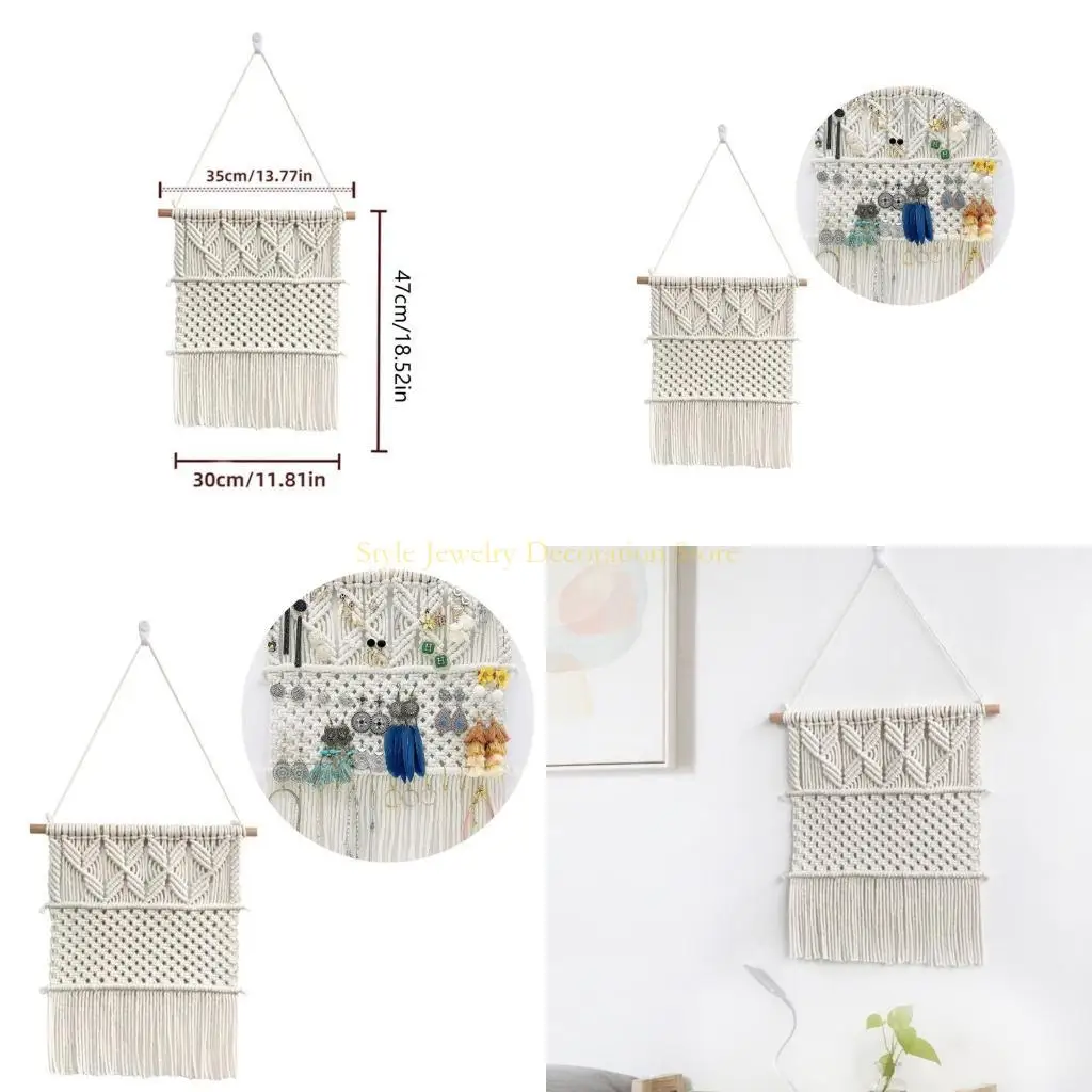 

D46E Macrame Hanging Jewelry Wall Mounted Necklace Holder Display Boho Bracelets Earrings Rings Tapestry Storage