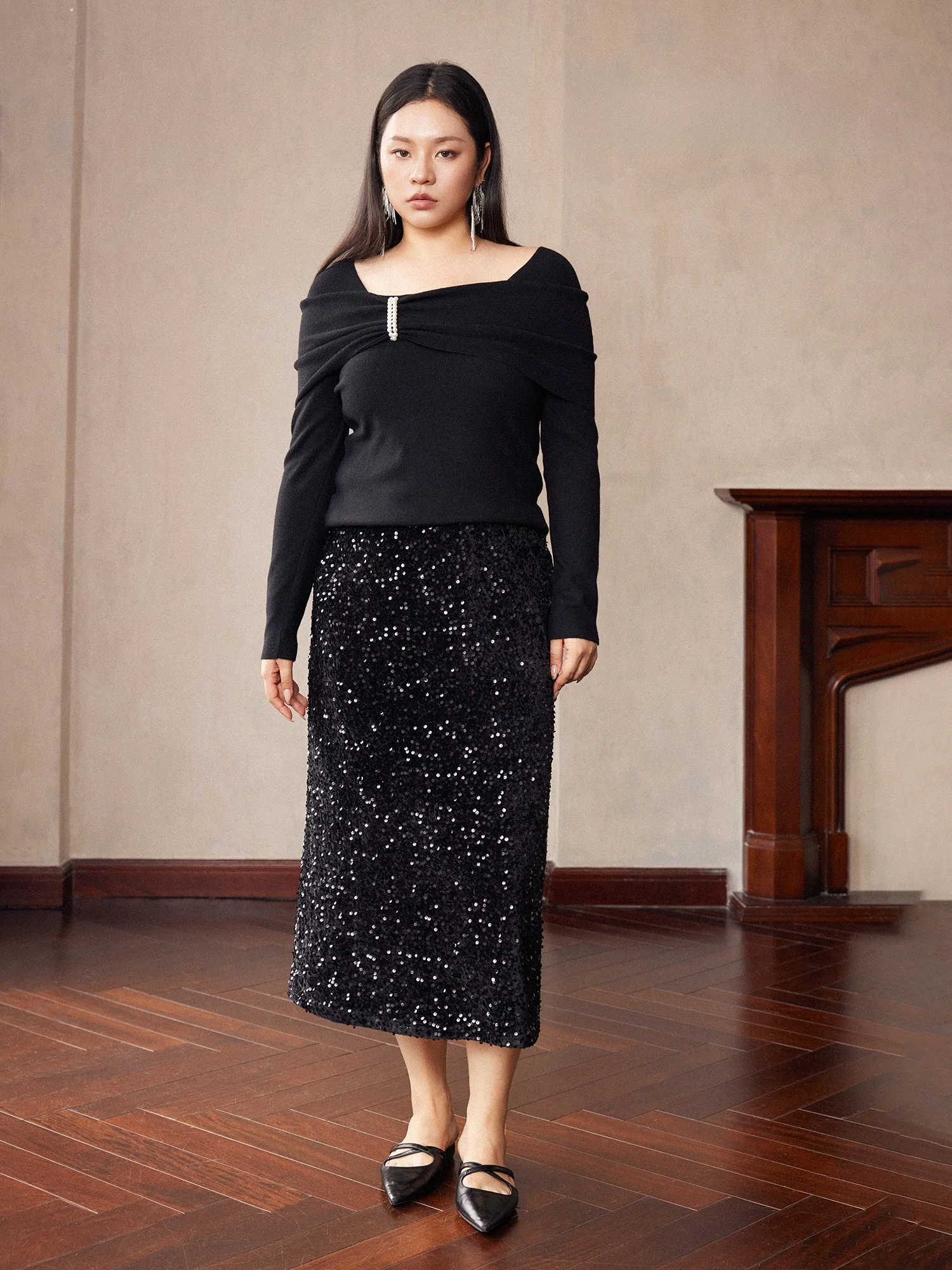 

Юбка Plusmall Moonlight Velvet с пайетками, прямого кроя, на резинке, из молочного шелка, длинная, для фигуры типа «груша»