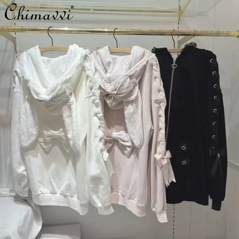 

Autumn 2025 New Japanese Liz Cute Rabbit Ear Lace Hooded Sweatshirt Sweet Girl Women Loose Tie Long Sleeve Lolita Jacket