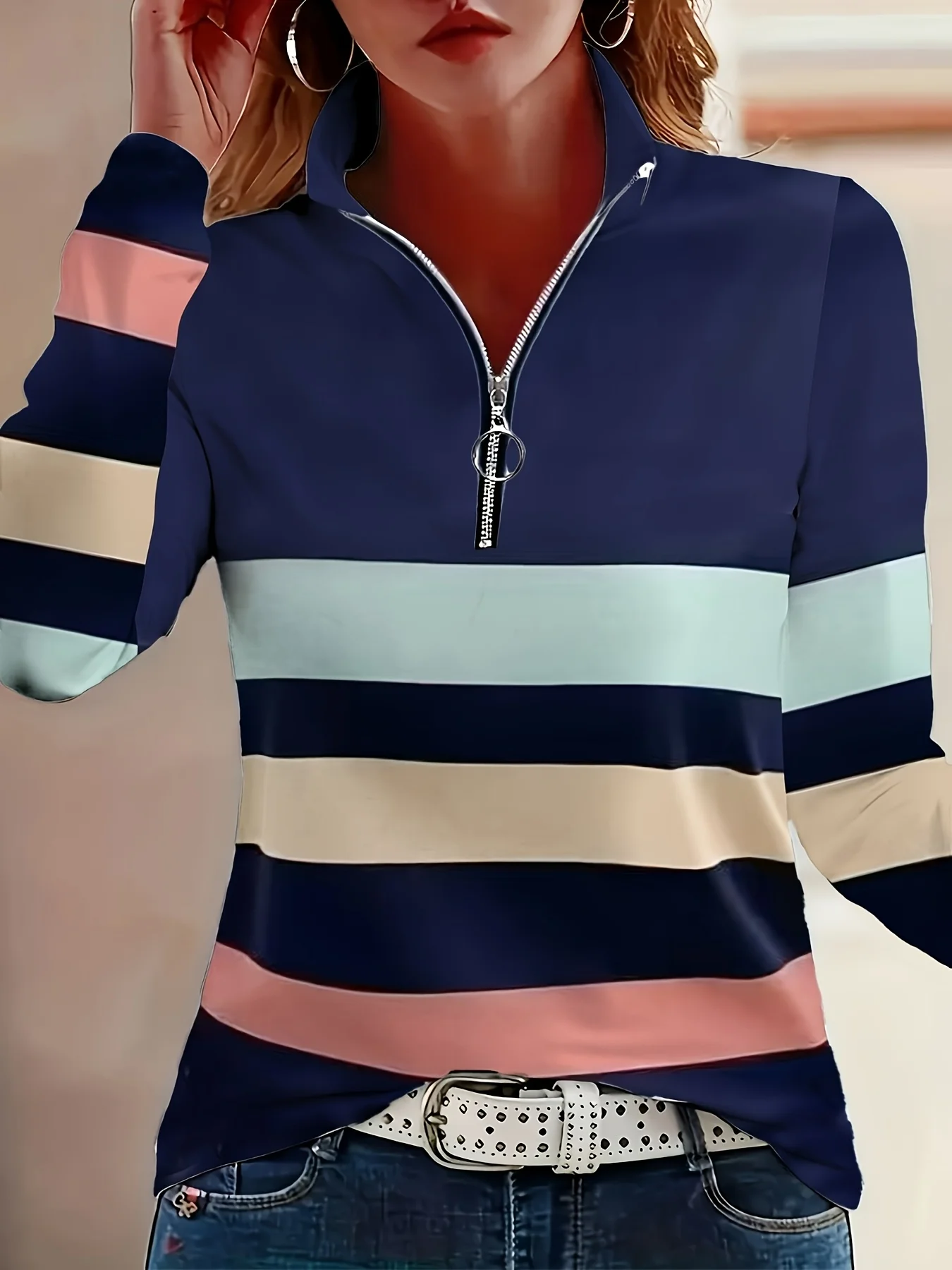 

3D Stripe Print Women's Half-zip Stand Collar Top Leisure Fashion Breathable Female Clothing Daily Unisex Loose Long Sleeve Tops