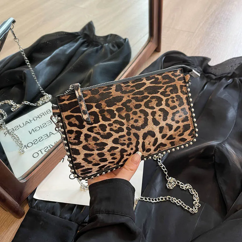 Beading Zipper Leopard Pattern Crossbody Bags For Women, Small Square Shoulder Bag Ladies Handbags Designer Phone Pocket