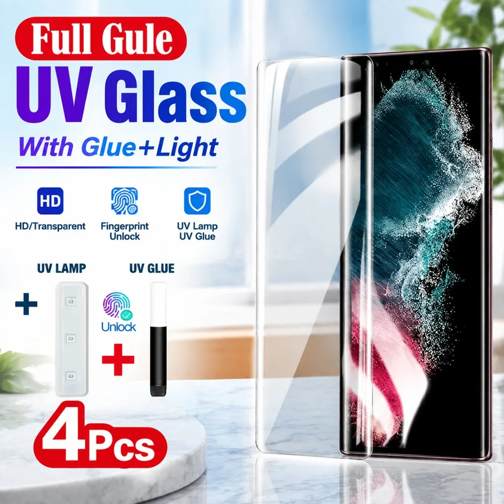 4PCS Full Glue Screen Protector For Samsung Galaxy S22 5G S21 Ultra 5G UV Tempered Glass For Samsung Galaxy S21+ 5G S21 5G HD