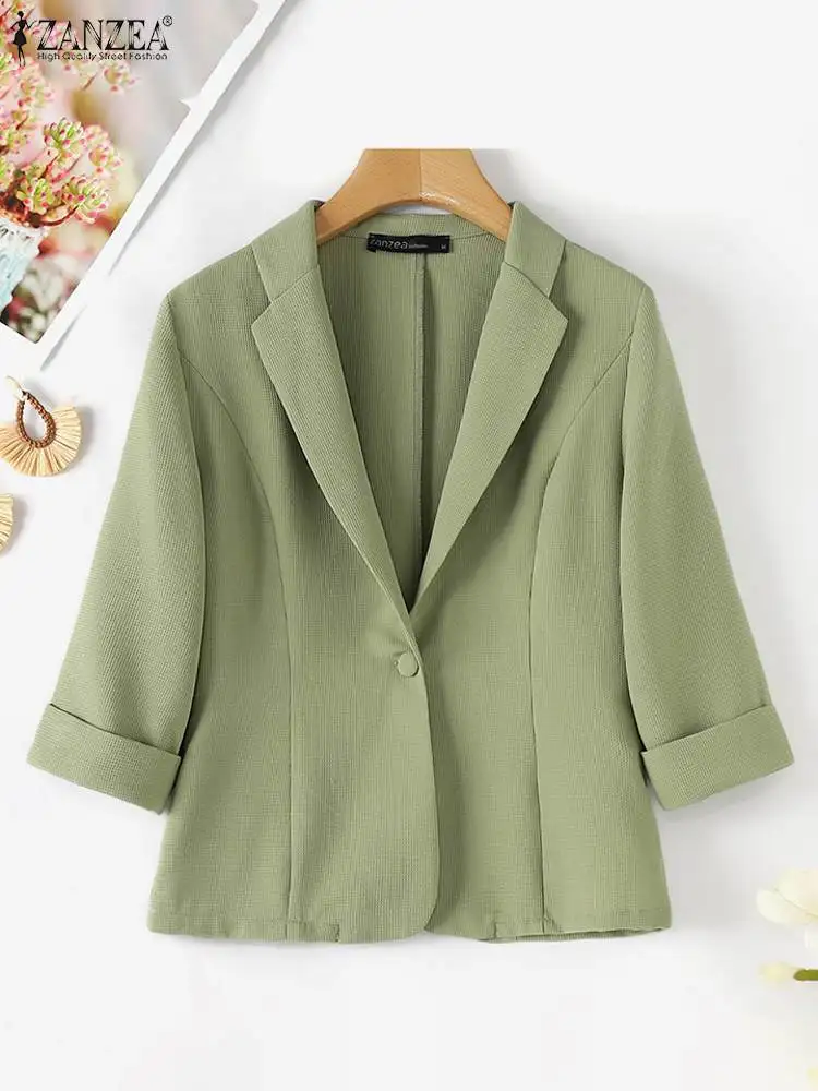 ZANZEA Waffel Büro Dame Casual Blazer Koreanische Mode Frauen Kerb Revers 3/4 Hülse Dünne Anzug Jacken Herbst 2024 Elegante Anzüge