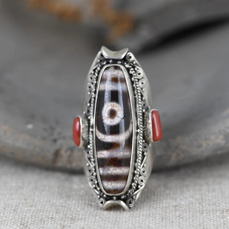 S925 Silver Vintage Dzi Bead Ring, Ethnic Tibetan Style Unisex Band, Natural Stone Statement Jewelry Gift for Men & Women
