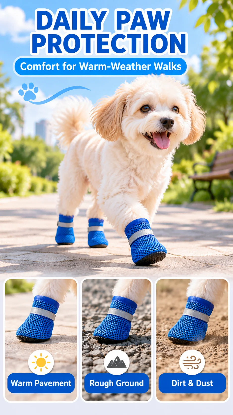 4 Stück Hundeschuhe, atmungsaktives Mesh-Material, rutschfeste, weiche Sohle, Haustierstiefel, reflektierende, verstellbare Pfotenschoner für kleine und mittelgroße Hunde. – Detail 1
