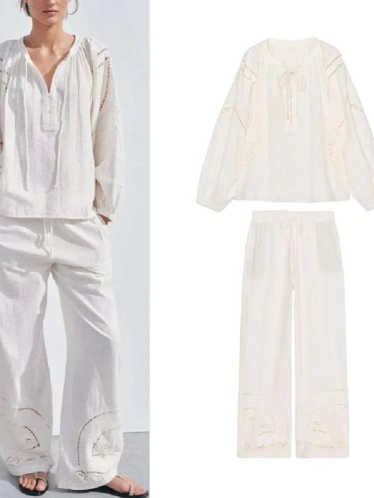 

Женский комплект из хлопка и льна из смешанного волокна с вышивкой и длинными брюками с поясом, эластичные длинные брюки со средней талией, круглые Ne