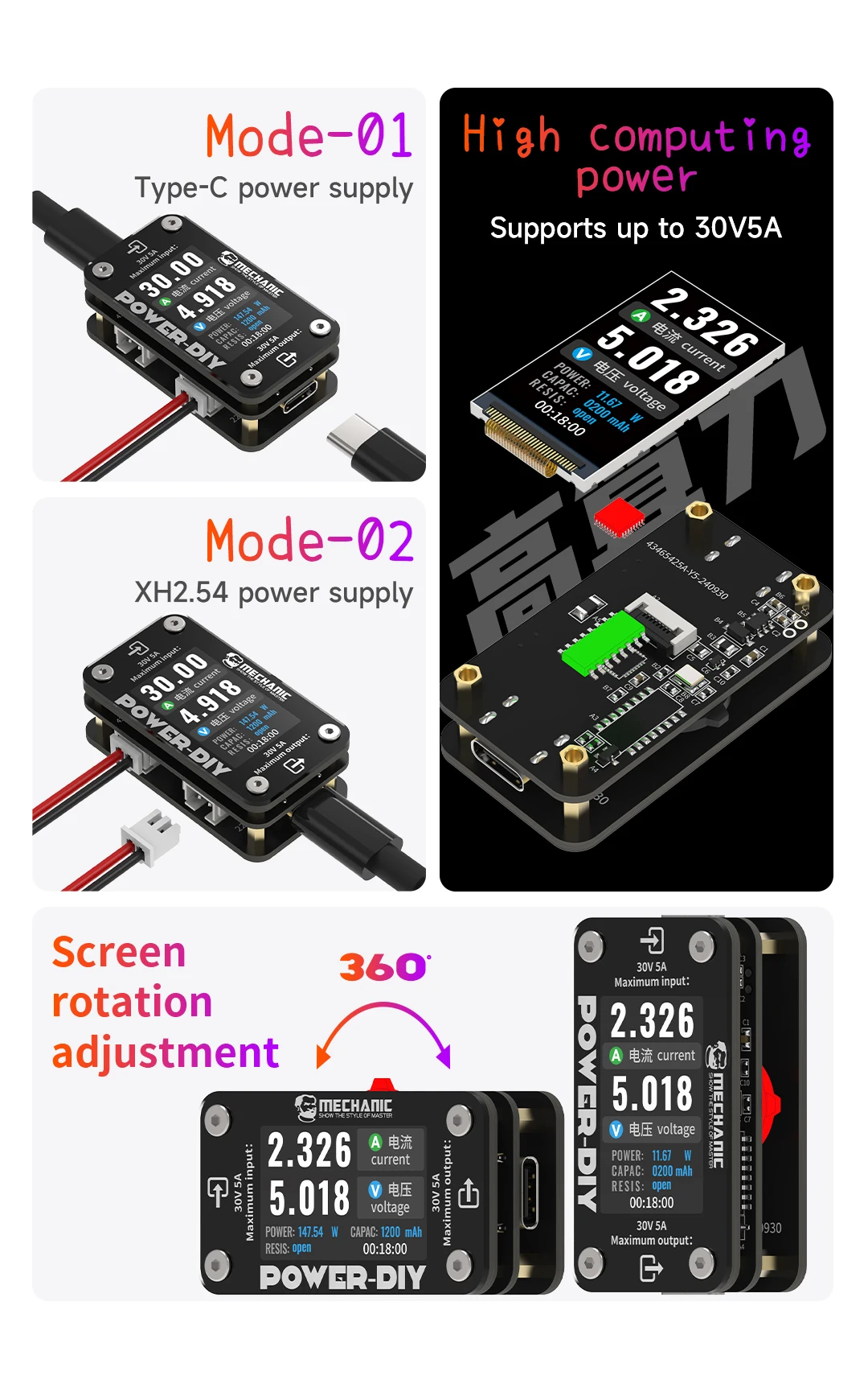 Mechanic DIY current voltage power detector 30V 5A Max HX2 54/Type C Power supply mode for mobile phone tablet power detection