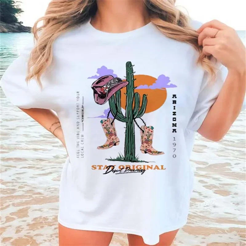 Trendy Short Sleeved Casual Cowgirl Portrait Vector Drawing Printed T-Shirt Summer Clothing Printed Pattern Basic Versatile T-Sh