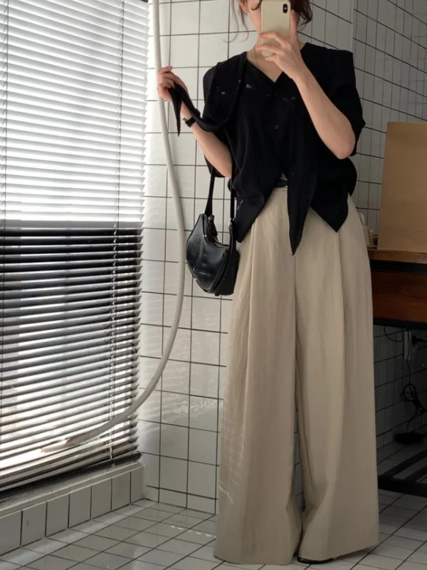 Korean Style Casual Loose High Waist Wide Leg Pants Breathable Transparent Drapey Comfortable Women's Long Trousers
