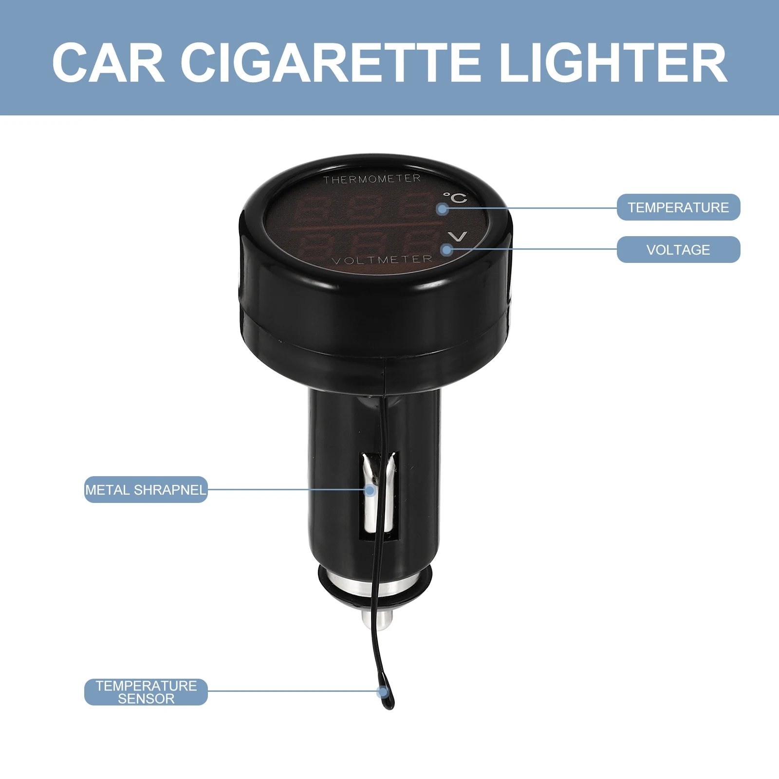 

2in1 Dual Color Voltmeter Thermometer Car Cigarette Lighter Plug Black Shell Blue Red LED 40x75mm Digital Temperature Sensor