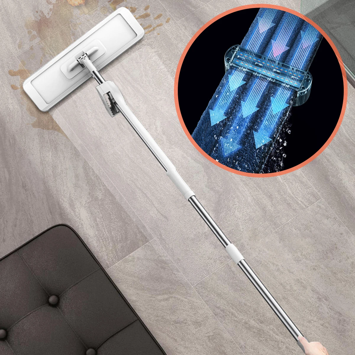 Microfiber Mop 360 ° Rotating Flat Floor Mop Hands Free Dust Mop with Dewatering Scraper Household Cleaning Tool Kitchen Mop