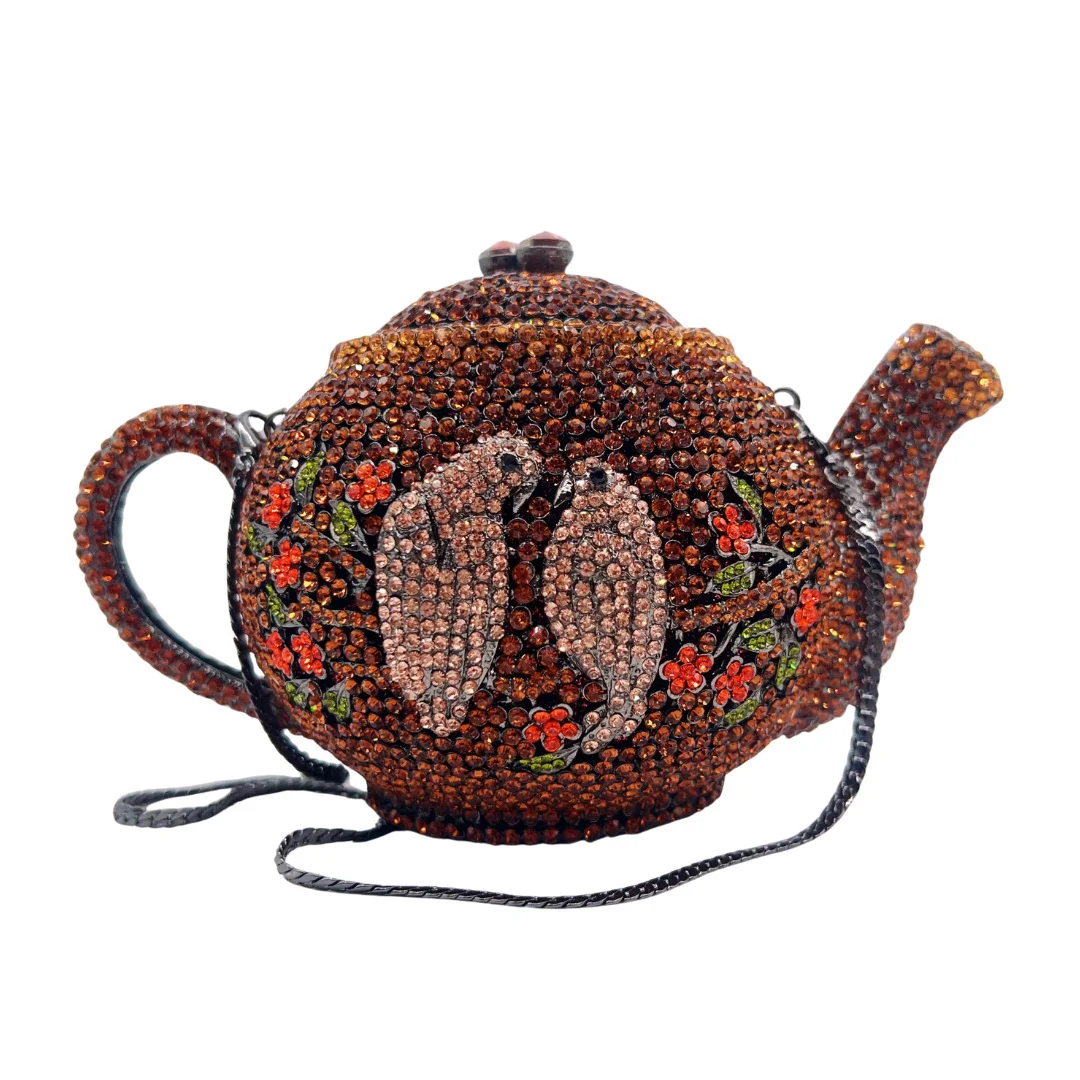 Bolso de Noche XIYUAN para Mujer, con Forma de Tetera, con Cristales Marrones, Bolso de Mano de Lujo, Nuevo Bolso de Fiesta para Novia