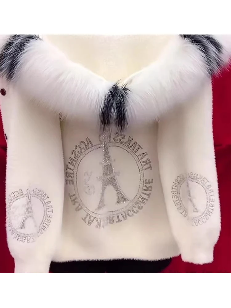 Autumn And Winter New Warm Solid Color Thick Hooded Imitation Mink Fur Coat With Rhinestone And Fur Collar Women's Top Cardigan