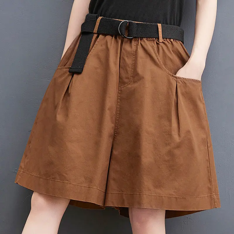 Plus Size Loose Shorts Summer New Elastic Waist Solid Pockets Patchwork Thin Wide Leg Pants Street Casual Fashion Women Clothing