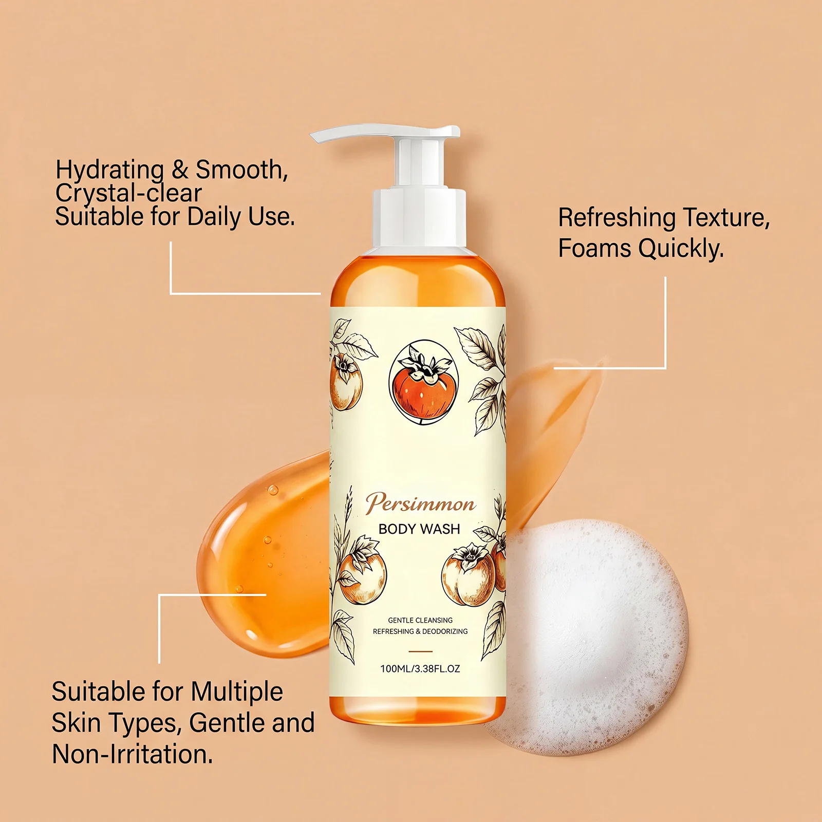 100ML Persimmon Body Shampoo Gel Gentle Cleaning Pores Moisturizing Improve Smoothness Fresh Fragrance Non-tight Body Wash Gel